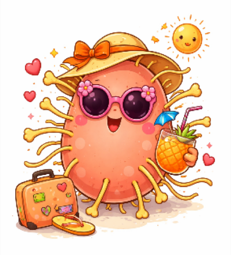 Klein E. coli mit Sonnenbrille und Koffer